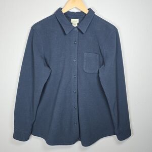 L.L. Bean Women's Button Down Long Sleeve Fleece Top Navy Blue Large Cozy Chic
